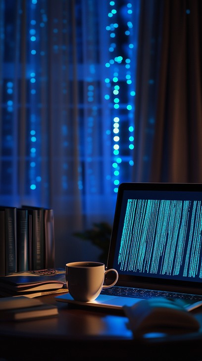 Cozy evening workspace with laptop